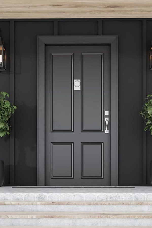 Stylish black front door of modern house with black walls, door mat, trees in pots, stairs and lamps. 3d rendering
